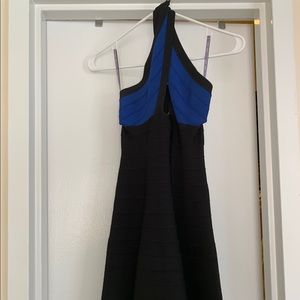 Herve Leger black and blue bondage dress